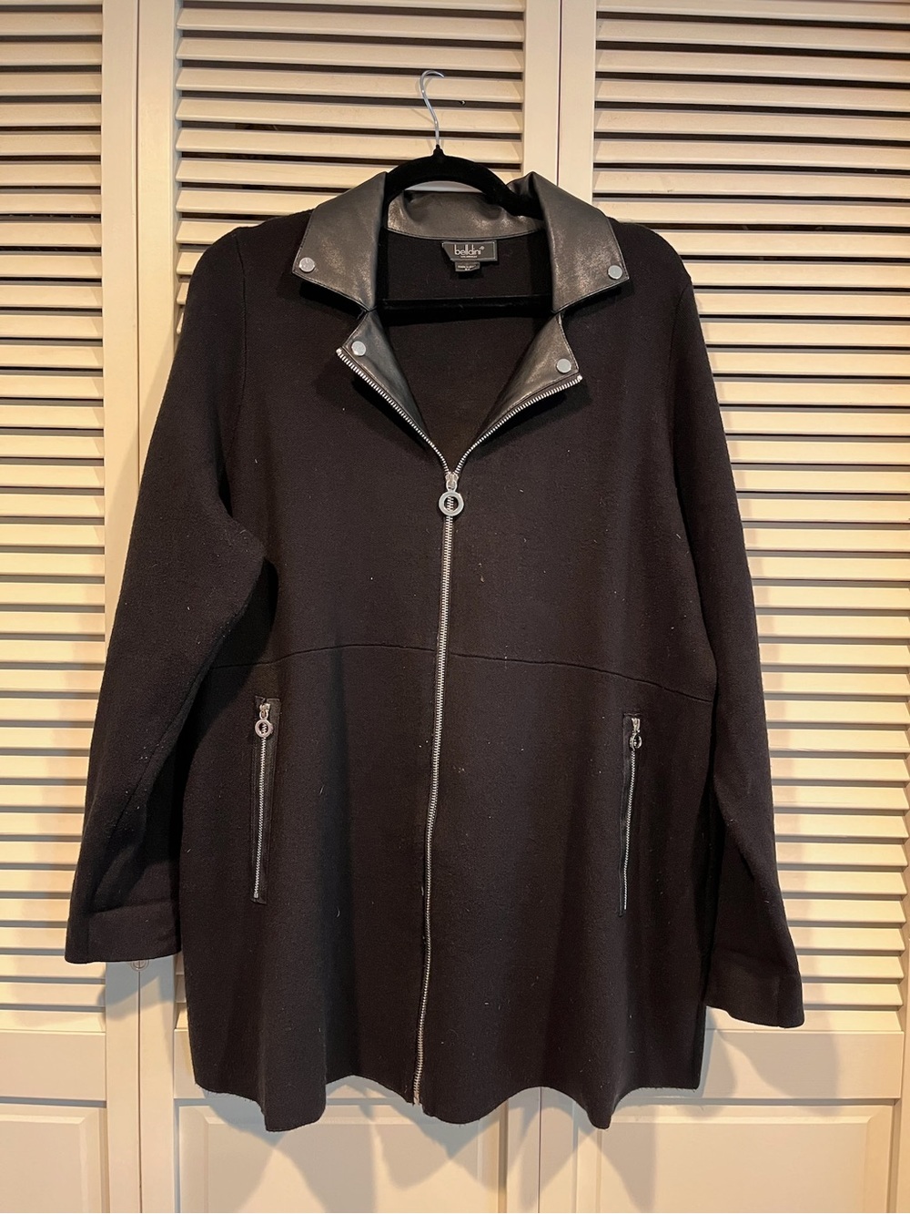 Belldini Black Zip-Front Trench Coat with Moto Collar - Faux Leather Accents